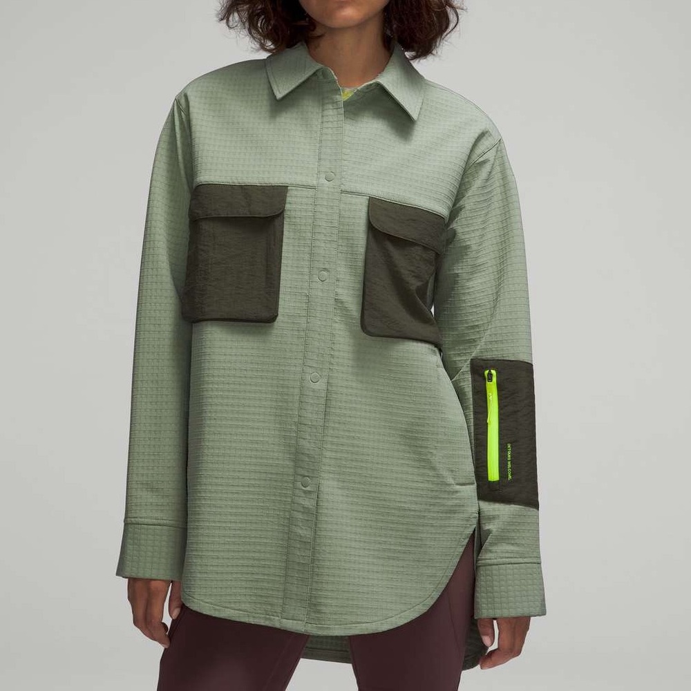 Lululemon Grid Fleece Hiking Overshirt Laurel Green Medium Olive Snap Shirt 8